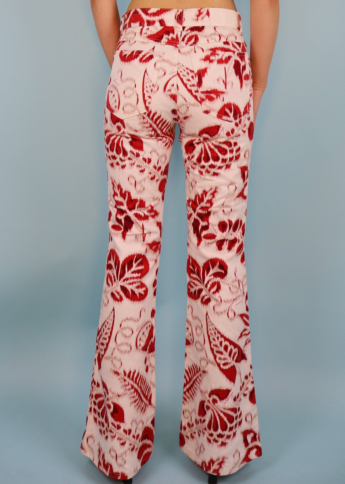 Gucci Spring 2000 Runway Red & White Floral Flared Jeans
