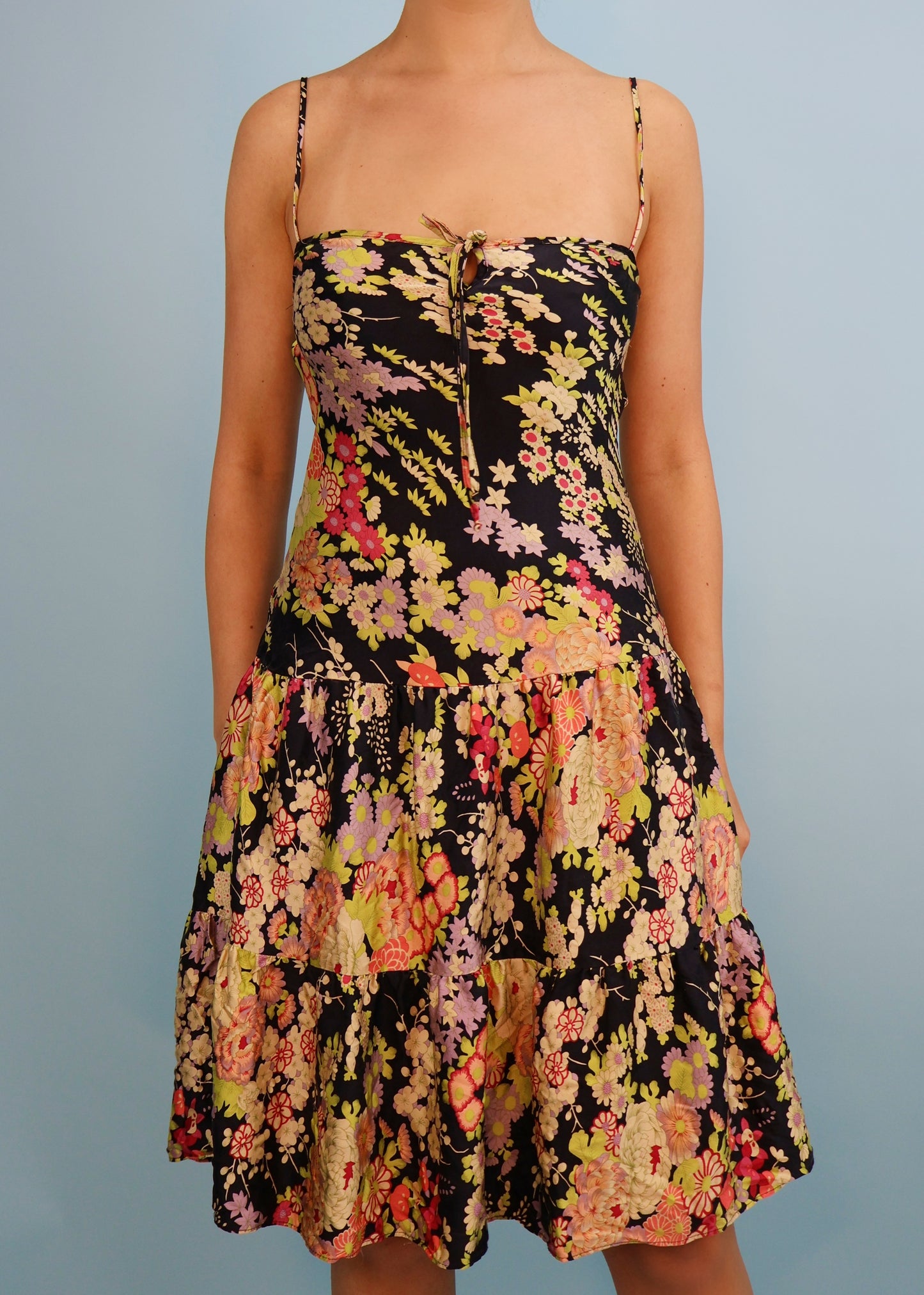 Betsey Johnson Black Floral Print Silk Dress