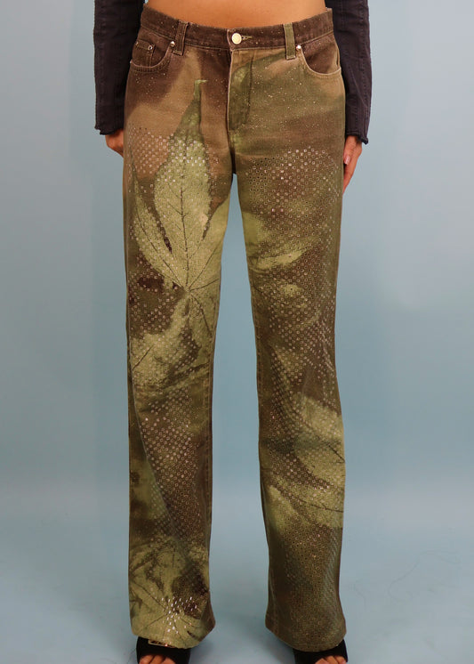 Roberto Cavalli Fall 1999 Green Marijuana Leaf Print Jeans