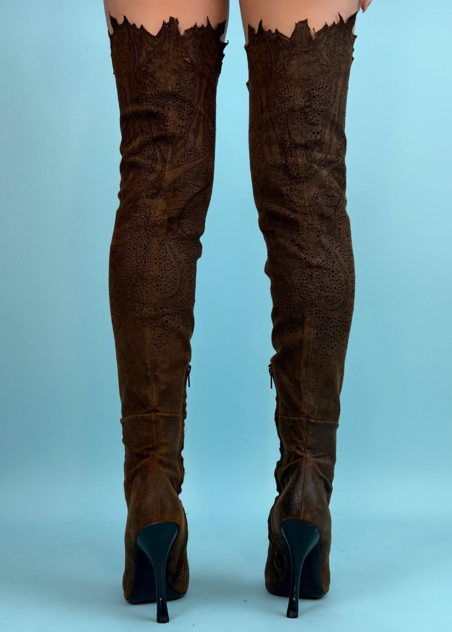 Roberto Cavalli Fall 2001 Runway Suede Perforated Thigh High Heeled Boots