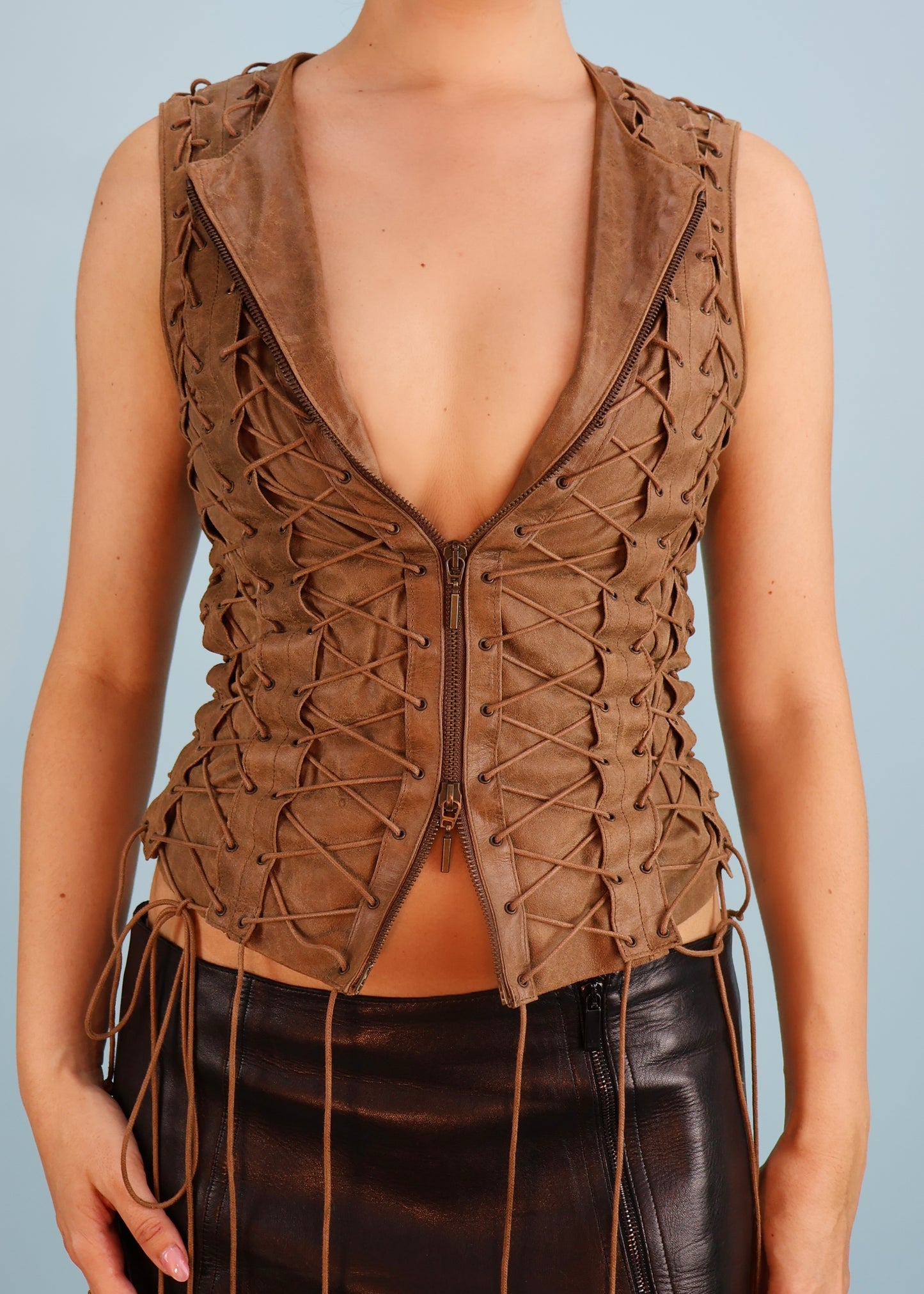 Plein Sud Fall 2002 Brown Leather Lace Up Sleeveless Vest Jacket