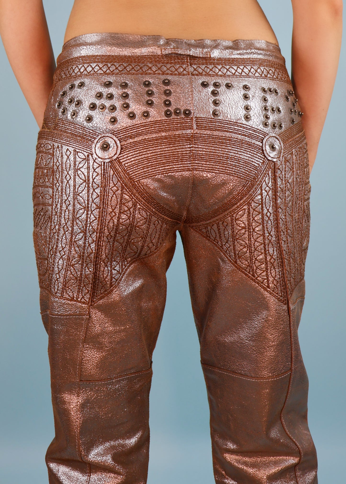 Jean Paul Gaultier Metallic Silver Leather Studded Spellout & Embroidered Pants