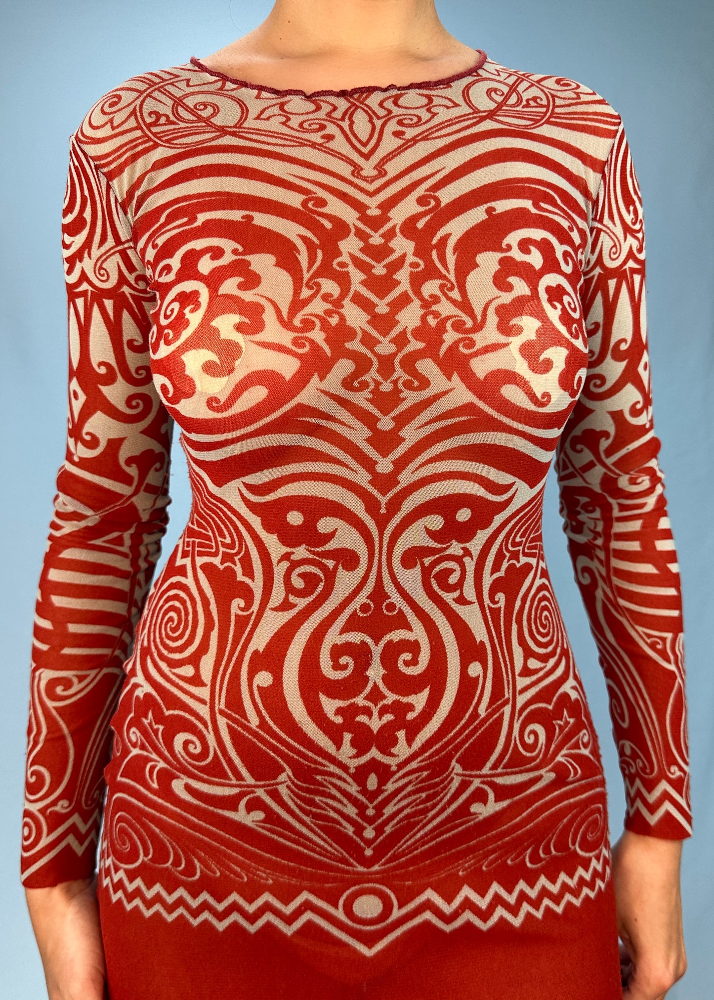 Jean Paul Gaultier Spring 1996 Tribal Print Red Mesh Dress