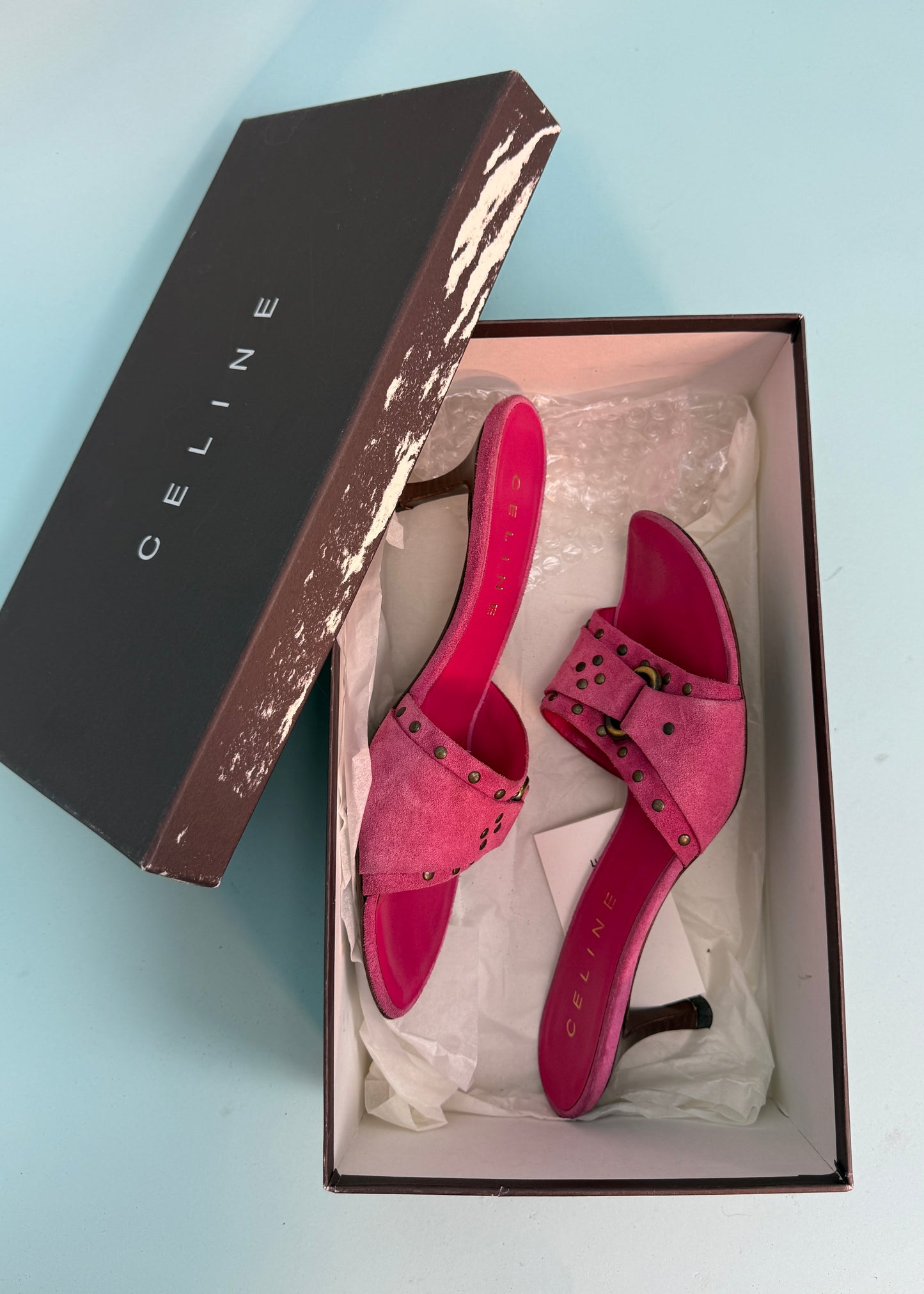 Celine Studded Pink Suede Kitten Heels