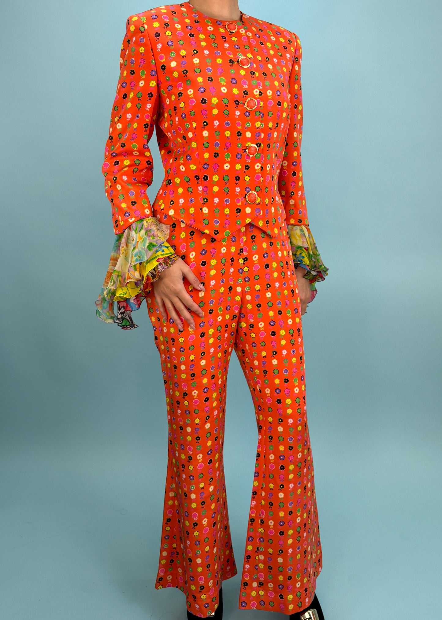 Versace Spring 1993 Runway Floral Silk Chiffon Ruffle Jacket & Flared Pants Set