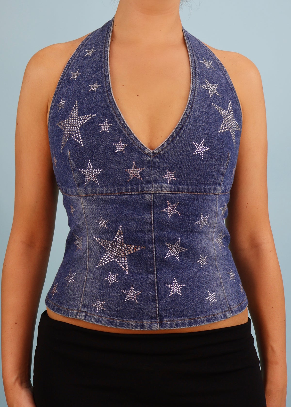 Blumarine Denim & Rhinestone Star Embellished Halter Top