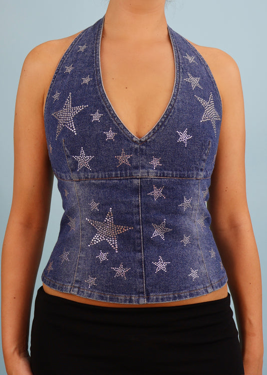 Blumarine Denim & Rhinestone Star Embellished Halter Top