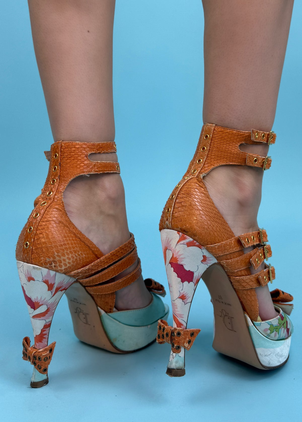 Dior Fall 2003 Floral Print Silk & Snakeskin Buckle Detail Heels