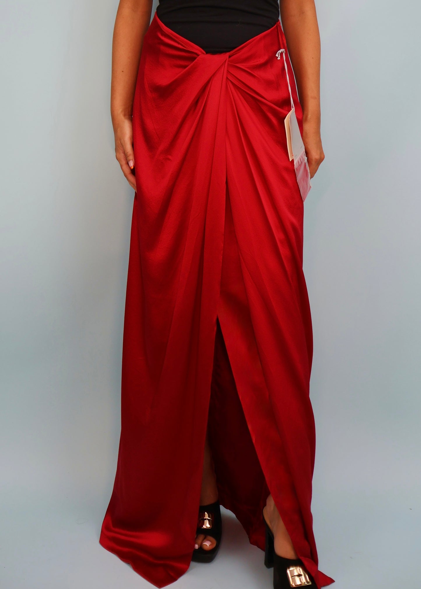 Dior Resort 1994 Red Silk Satin Dipped Waist Draped Maxi Skirt