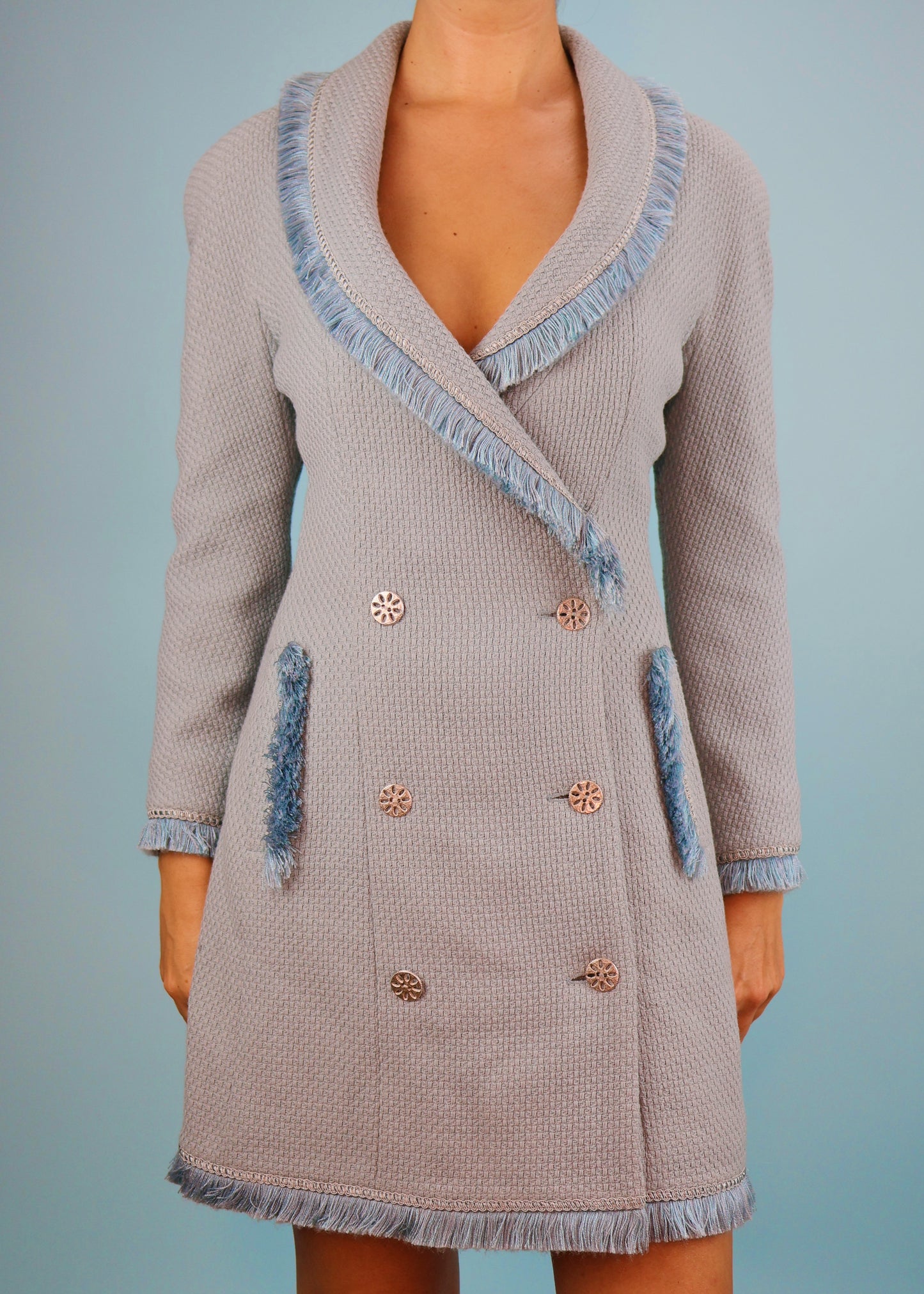Dior Fall 1997 Runway Blue Fringe Trim Jacket Dress