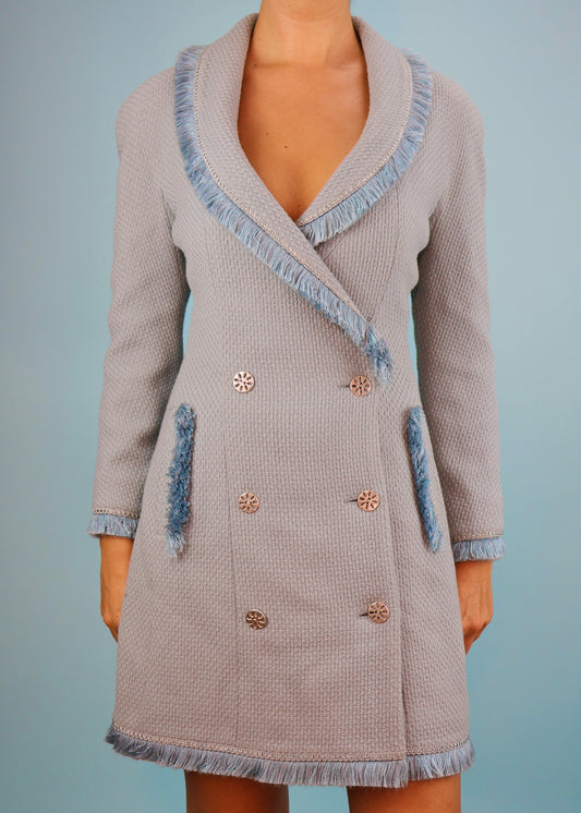 Dior Fall 1997 Runway Blue Fringe Trim Jacket Dress