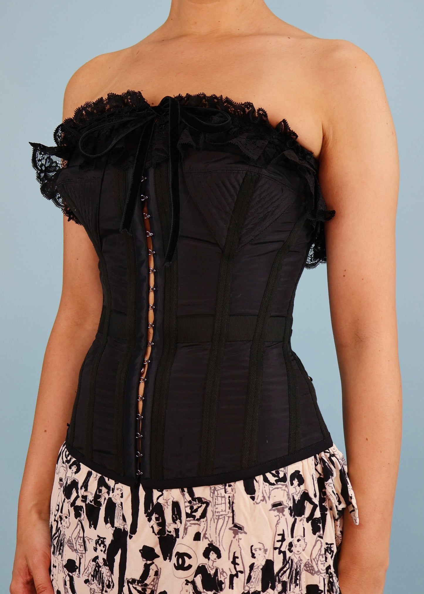 Jean Paul Gaultier Spring 1992 Runway Black Ruffle Lace Up Back Corset