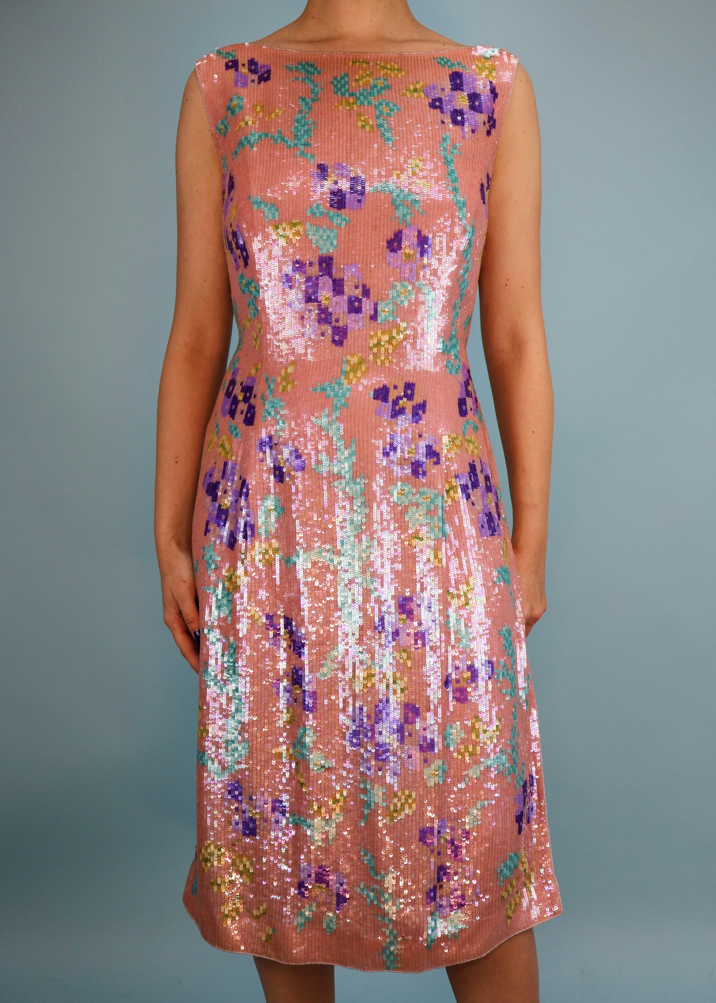 Escada Spring 2001 Runway Floral Sequin & Bead Embellished Silk Dress