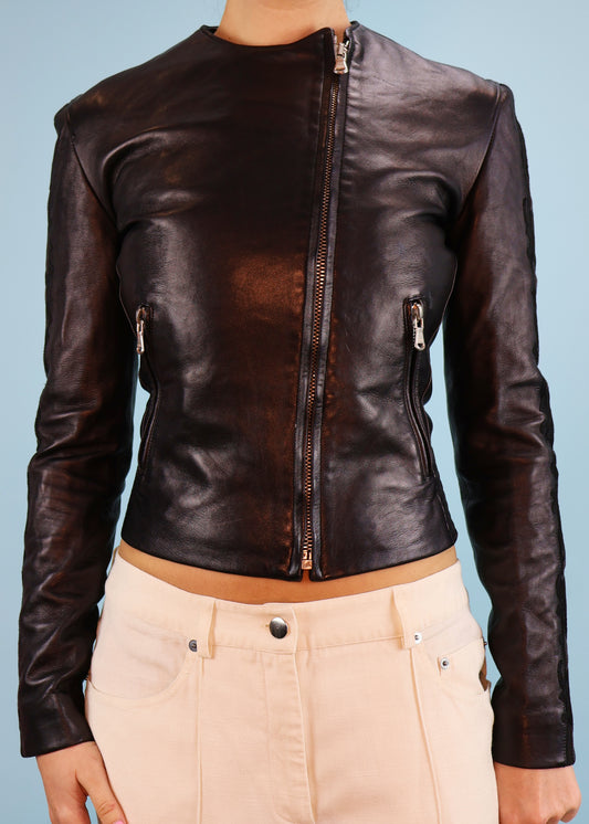 Versace Fall 2002 Gothic Spellout Arms Black Leather Jacket