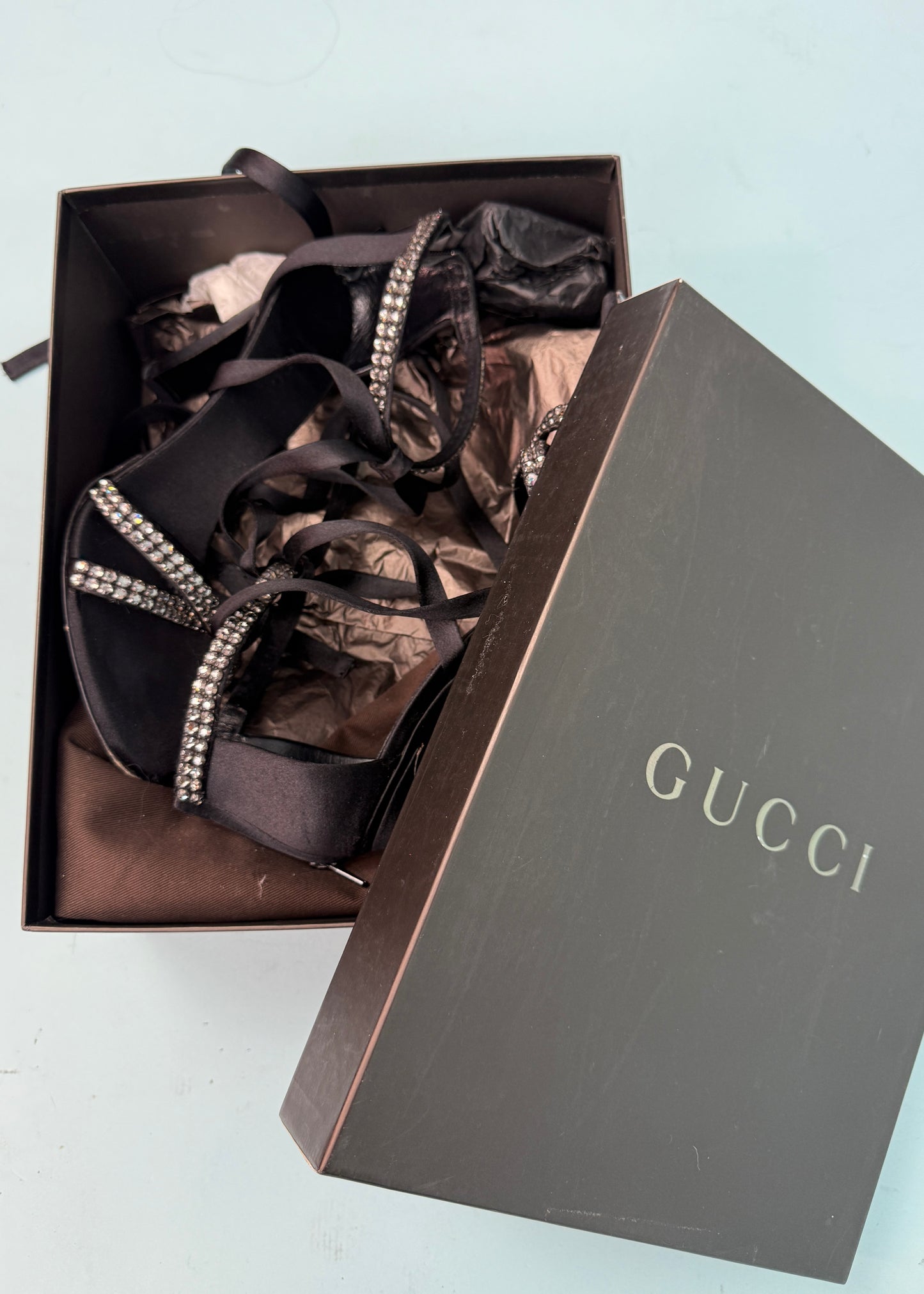 Gucci Fall 2004 Black Satin & Crystal Embellished Heels