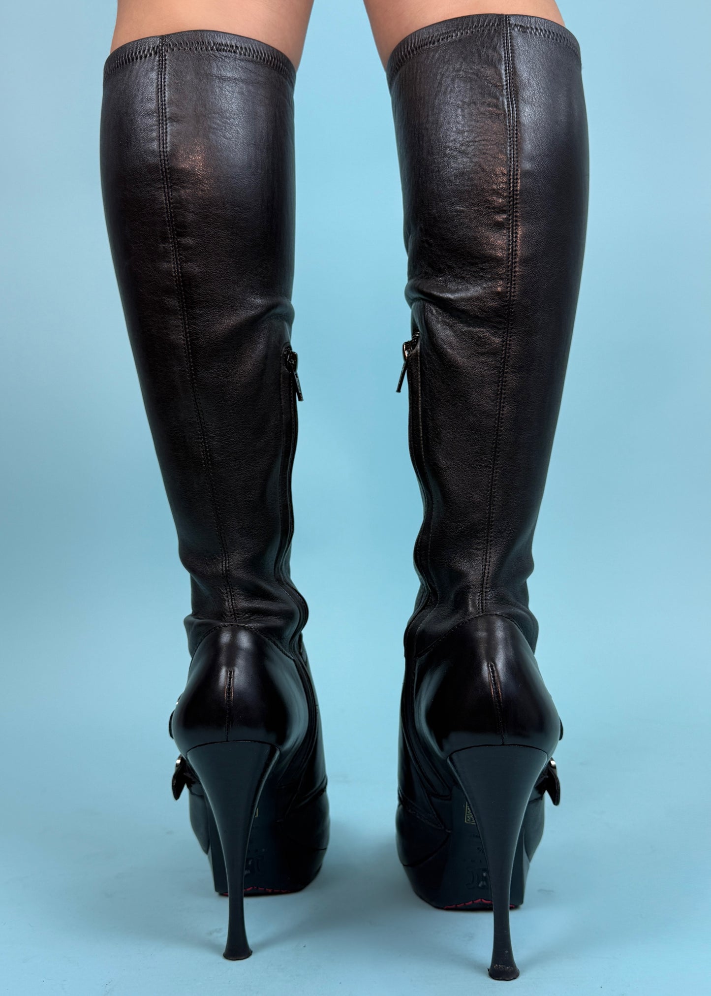 Celine Black Leather Buckle Heeled Boots