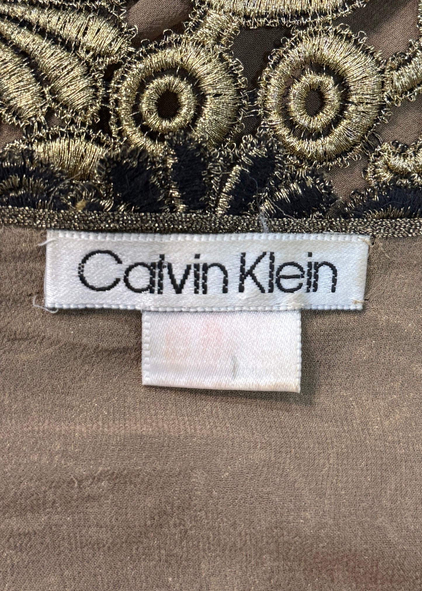 Calvin Klein Fall 1990 Runway Gold Guipure Lace Dress