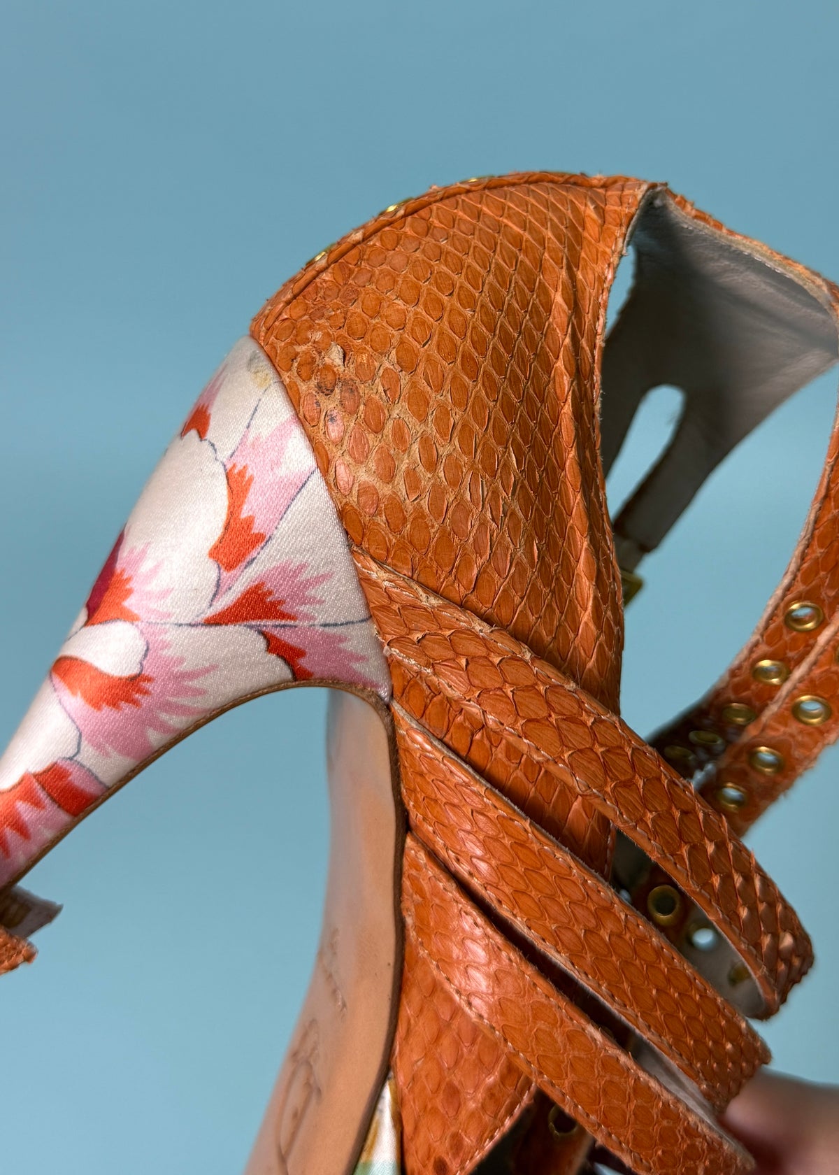 Dior Fall 2003 Floral Print Silk & Snakeskin Buckle Detail Heels