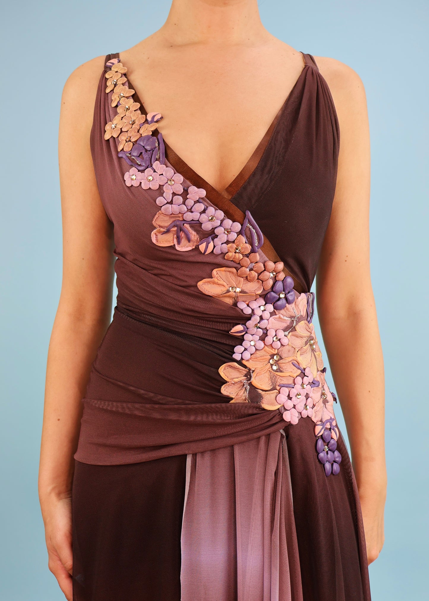 Ema Savahl Couture Hand Painted Floral & Crystal Embellishment Brown Asymmetric Dress & Scarf