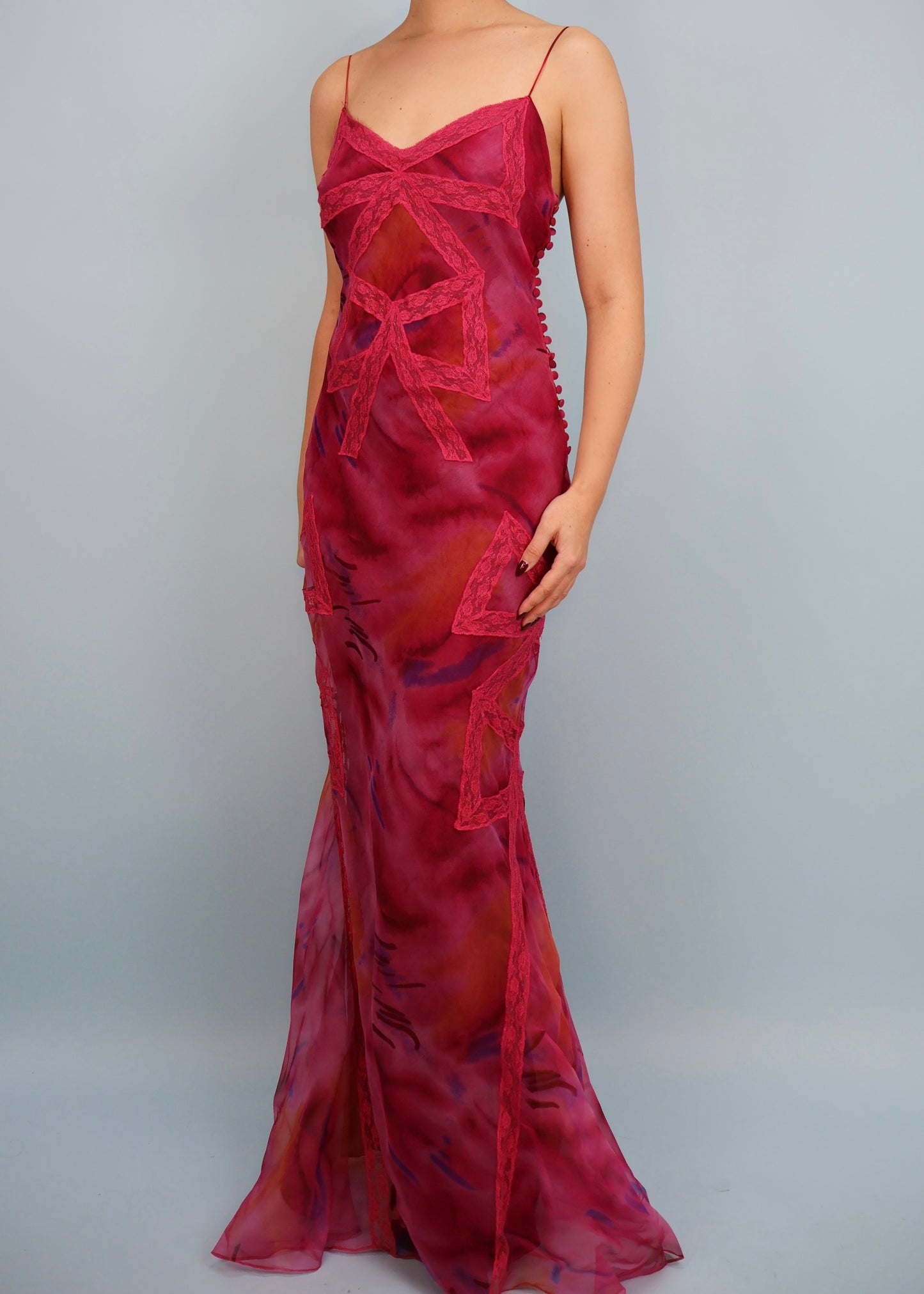 Dior Spring 2001 Pink Tie Dye Silk Bow Lace Gown