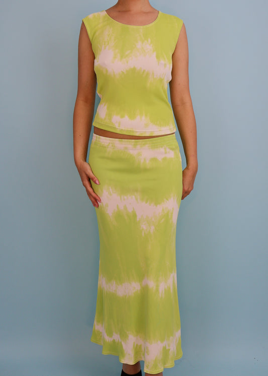 Celine Spring 2000 Green Tie Dye Tank Top & Skirt Set