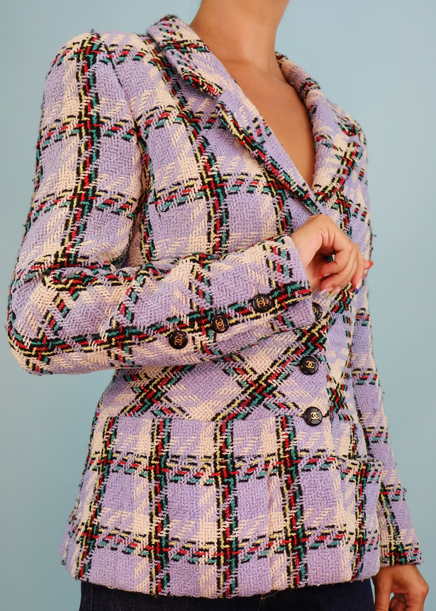 Chanel Spring 1995 Runway Lavender Blue Purple Plaid Tweed Jacket
