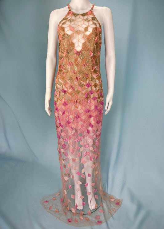 Versace Spring 2015 Beaded Embellished Geometric Pink Gown Dress