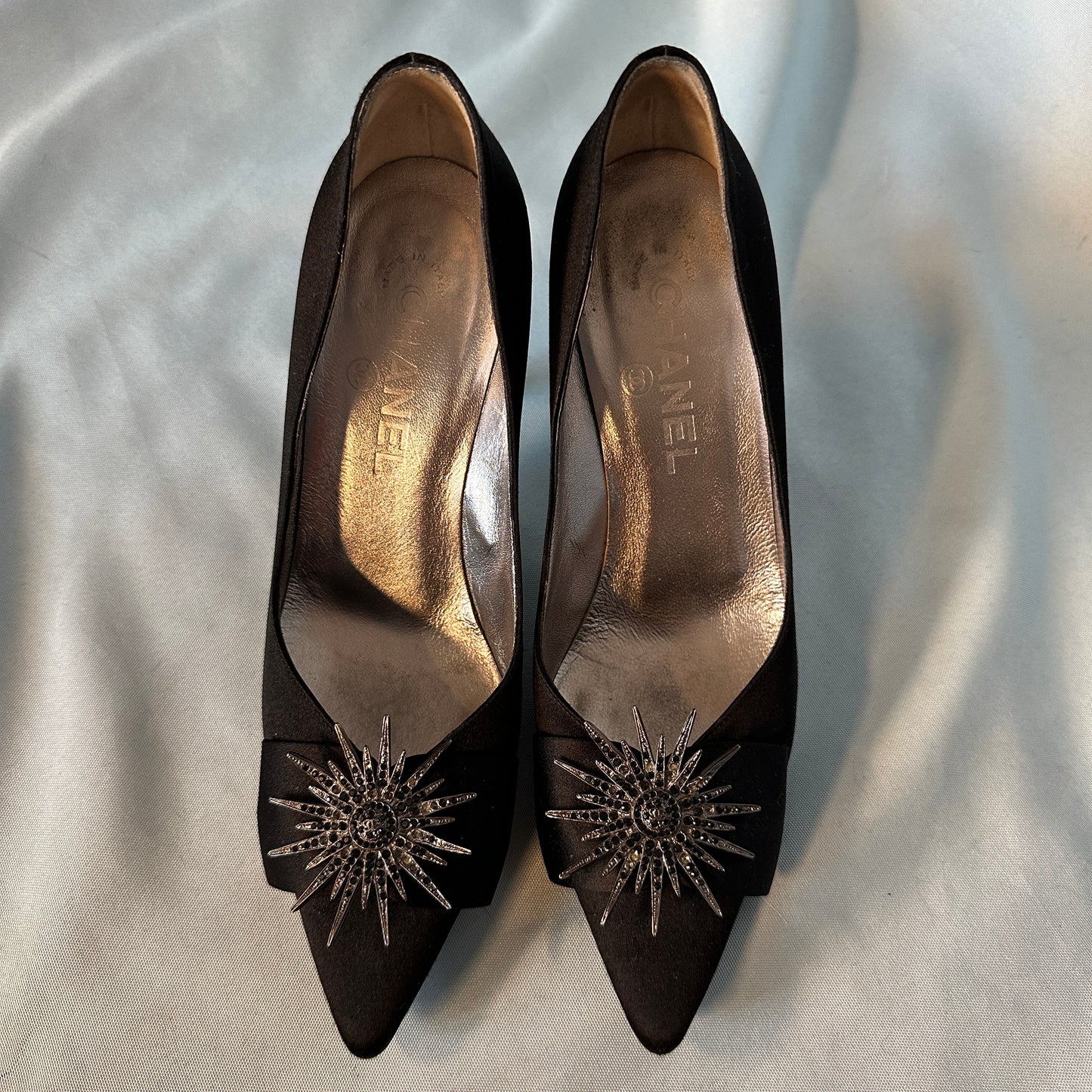 Chanel Crystal Black Satin Pointed Toe Heels