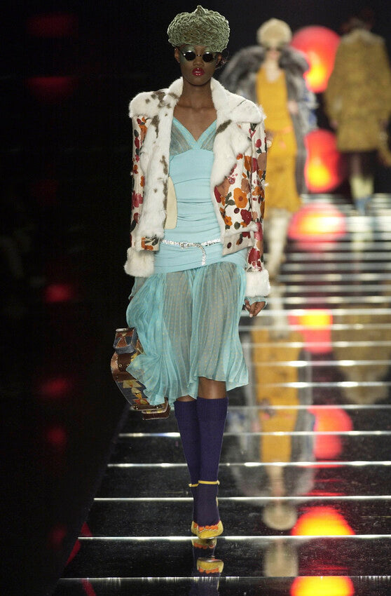 Dior Fall 2002 Runway Pink & Yellow Velvet Pom Pom Heels
