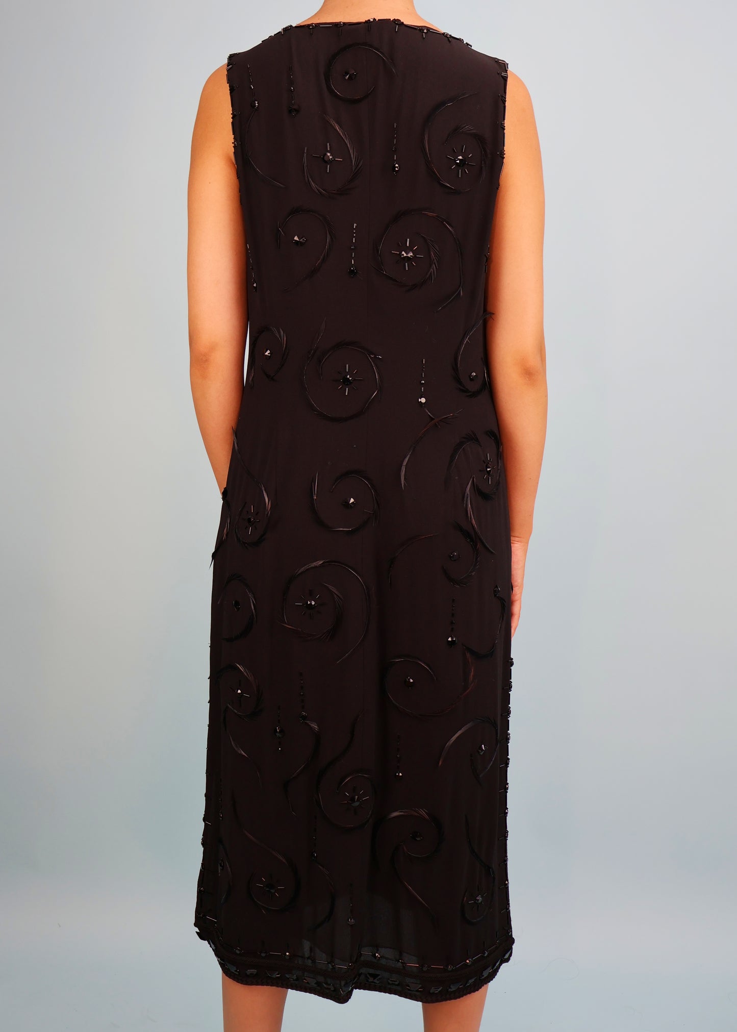 Prada Black Silk Chiffon Bead & Feather Embellished Peephole Dress