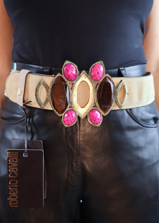 Roberto Cavalli Large Stone Buckle Beige Suede Belt