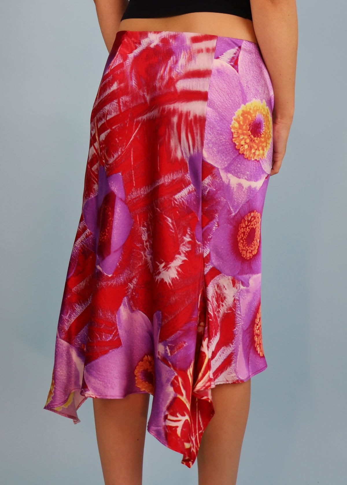 Roberto Cavalli Spring 2000 Red & Purple Floral Asymmetric Silk Skirt