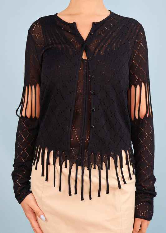 Dior Spring 2001 Black Open Knit Fringe Two Piece Top & Cardigan Set