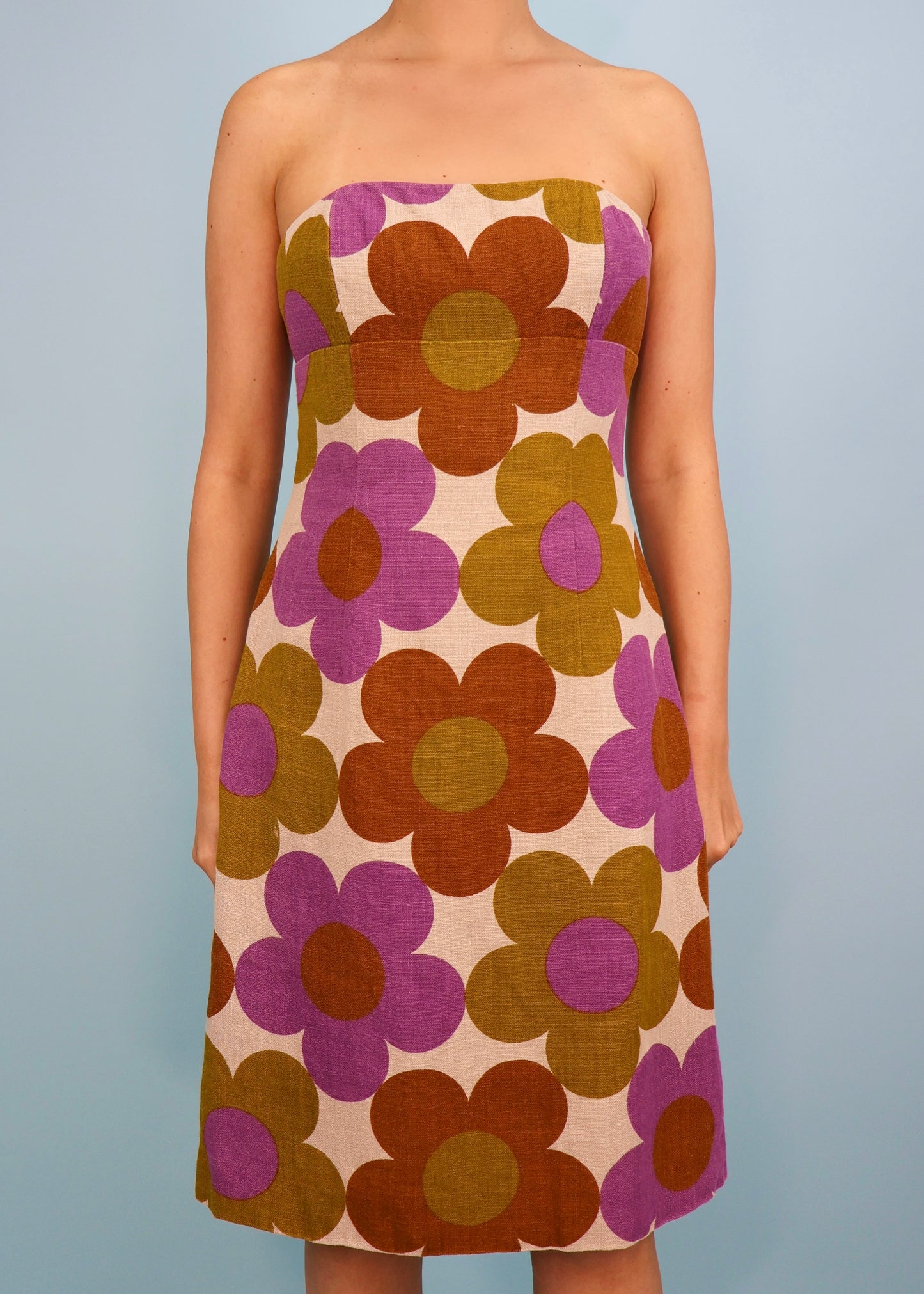 Celine Spring 2002 Runway Floral Linen Corseted Strapless Dress