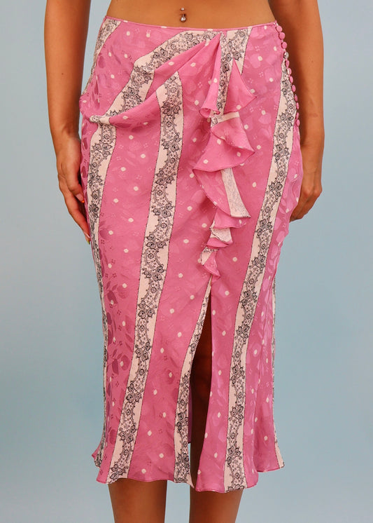 John Galliano Spring 2004 Pink Floral Ruffle Silk Skirt