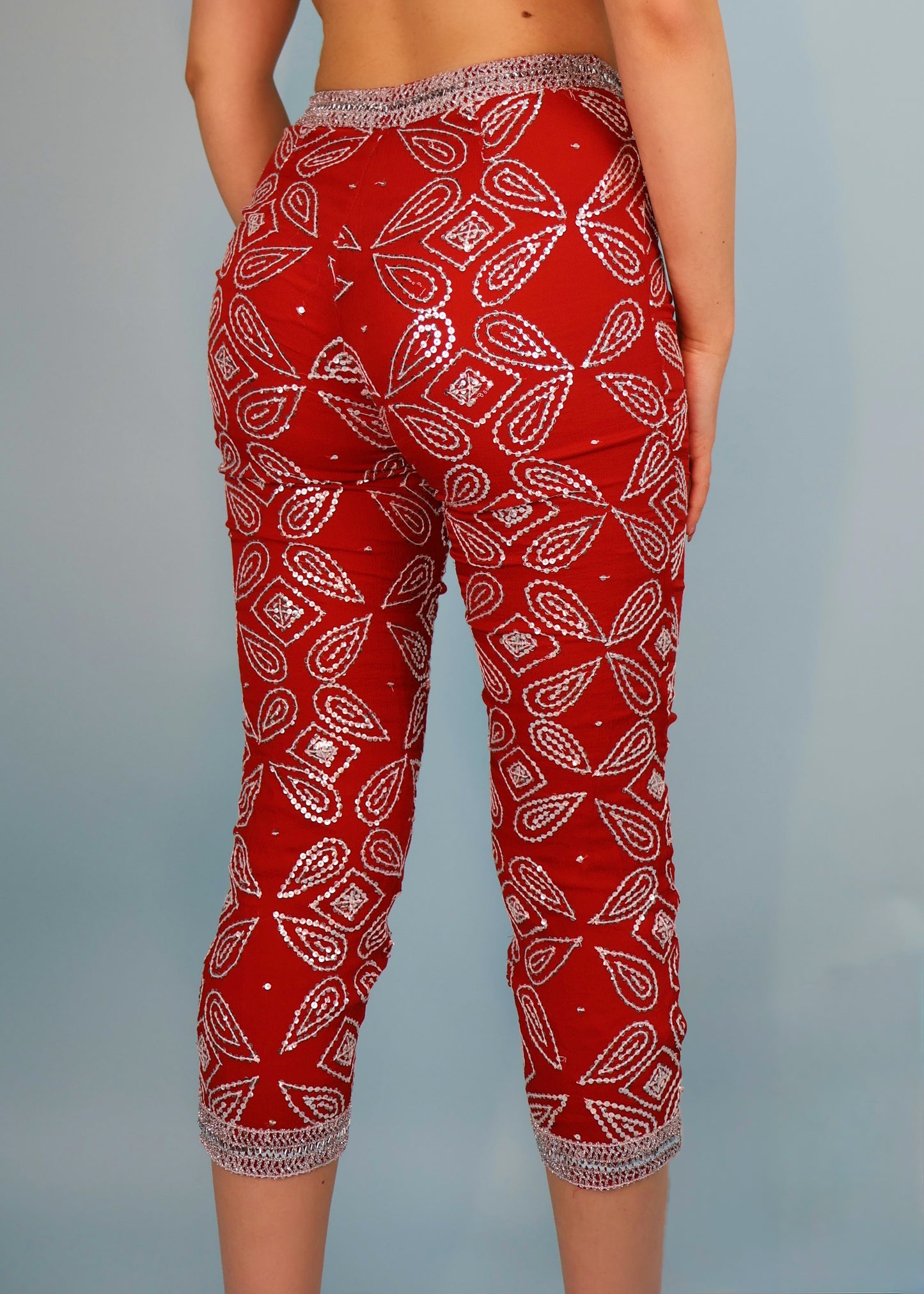 Blumarine Spring 2000 Runway Red Embellished Silk Capri Pants