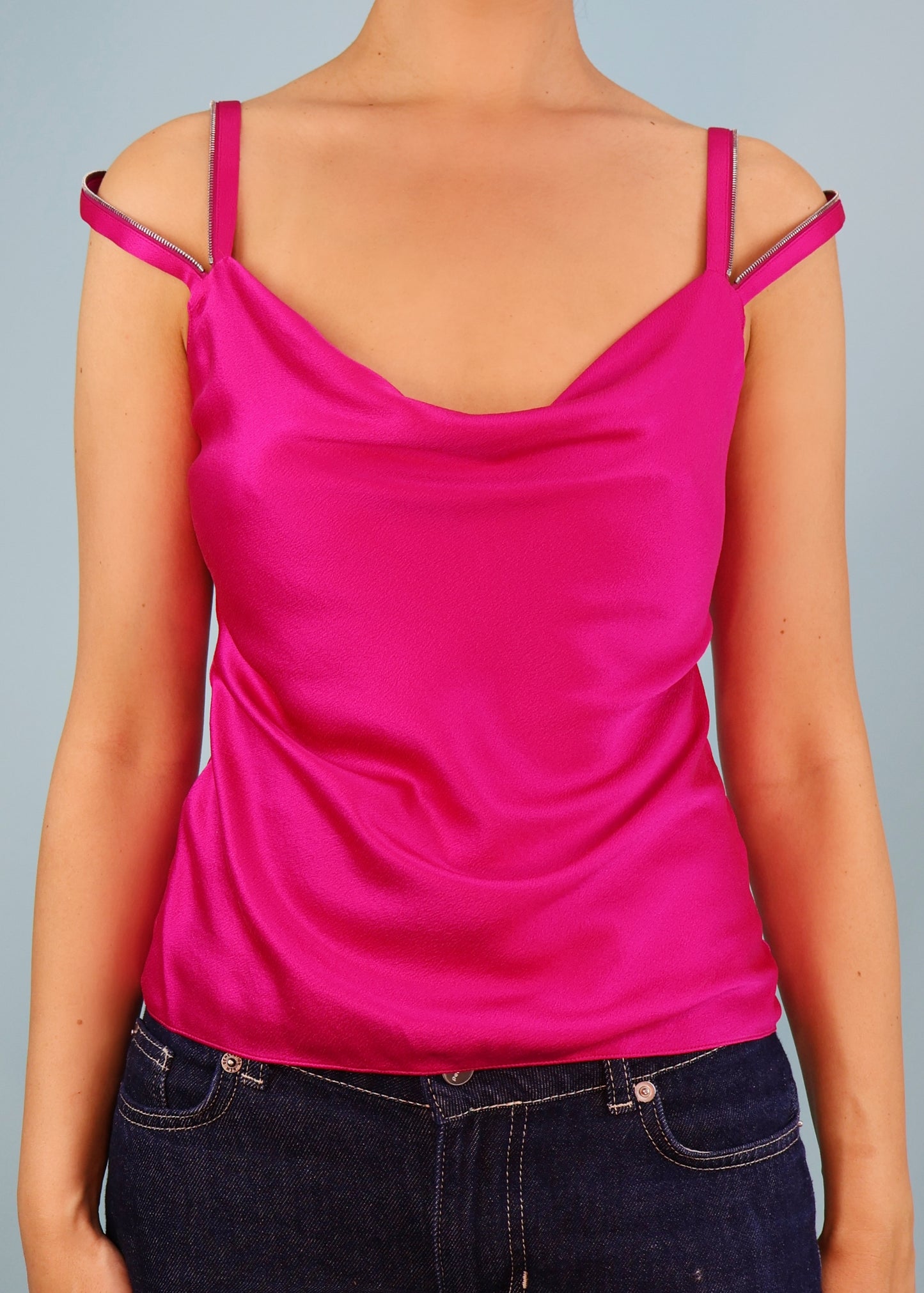 Dior Spring 2004 Pink Silk Satin Charm Zip Cowl Top