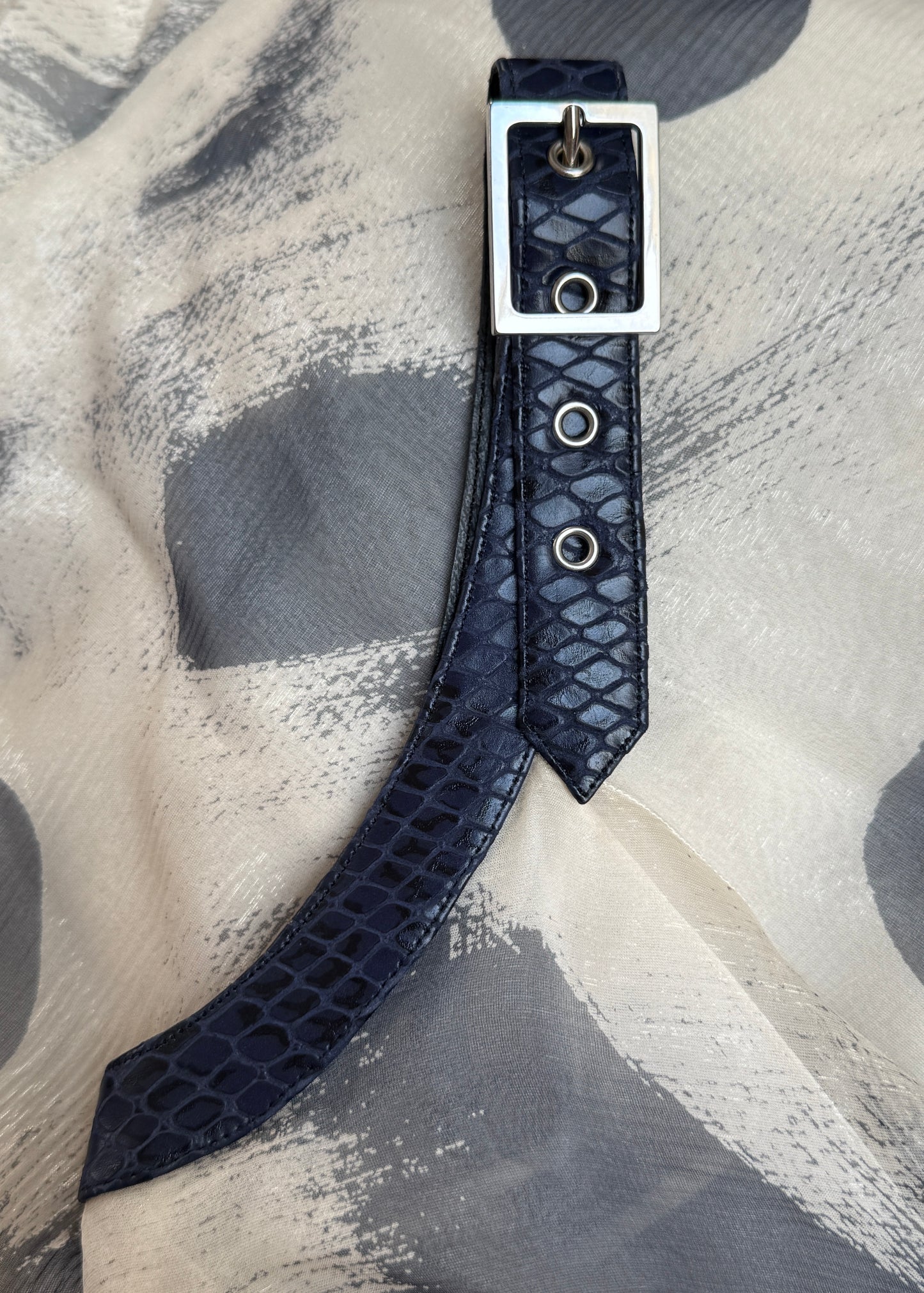 Dior Spring 2001 Blue Abstract Print Silk Chiffon Leather Strap Gown