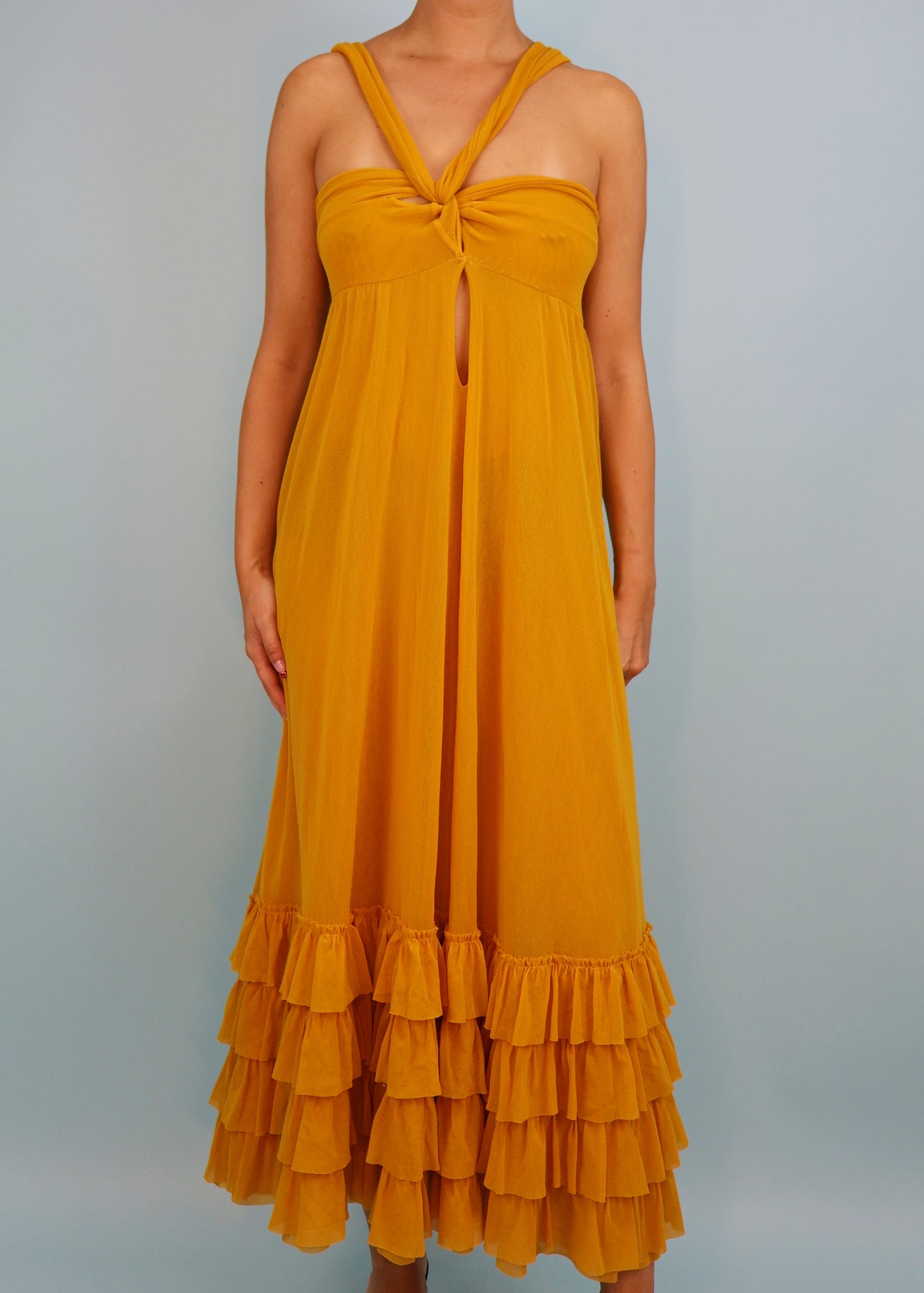 Jean Paul Gaultier Yellow Mesh Ruffle Hem Maxi Dress