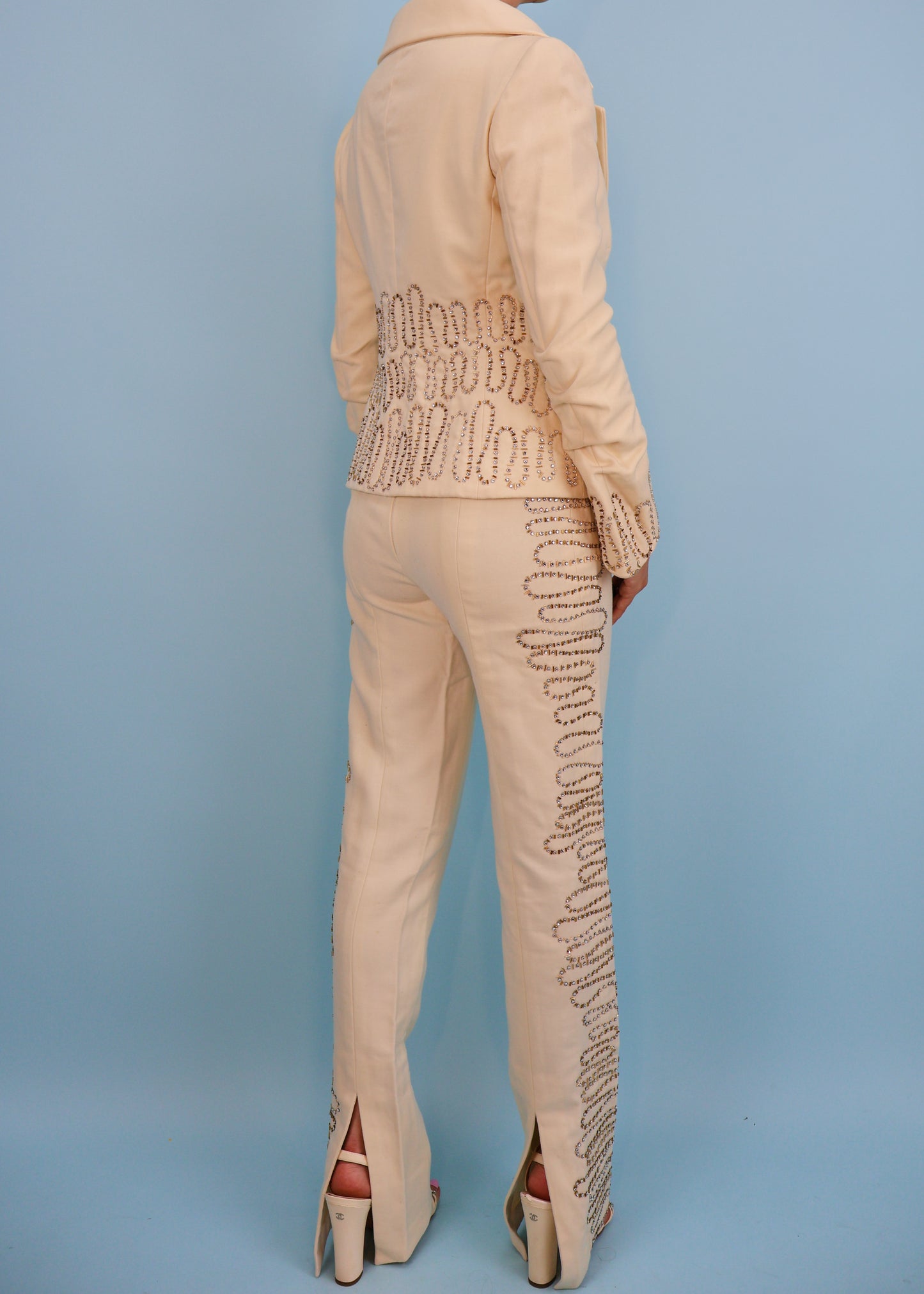 Atelier Versace Fall 1999 Runway Cream Crystal Embellished Jacket & Pants Suit Set