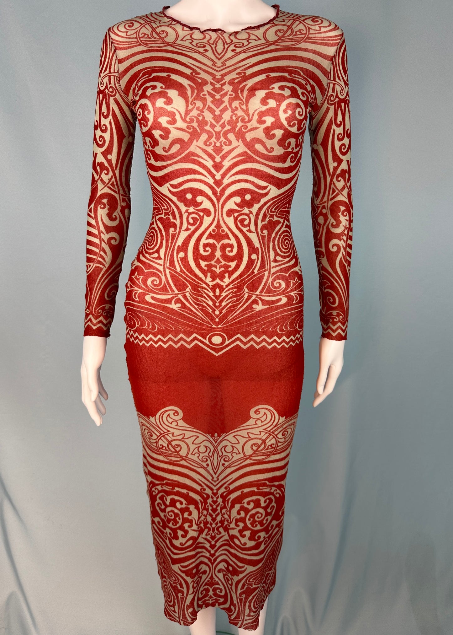 Jean Paul Gaultier Spring 1996 Tribal Print Red Mesh Dress