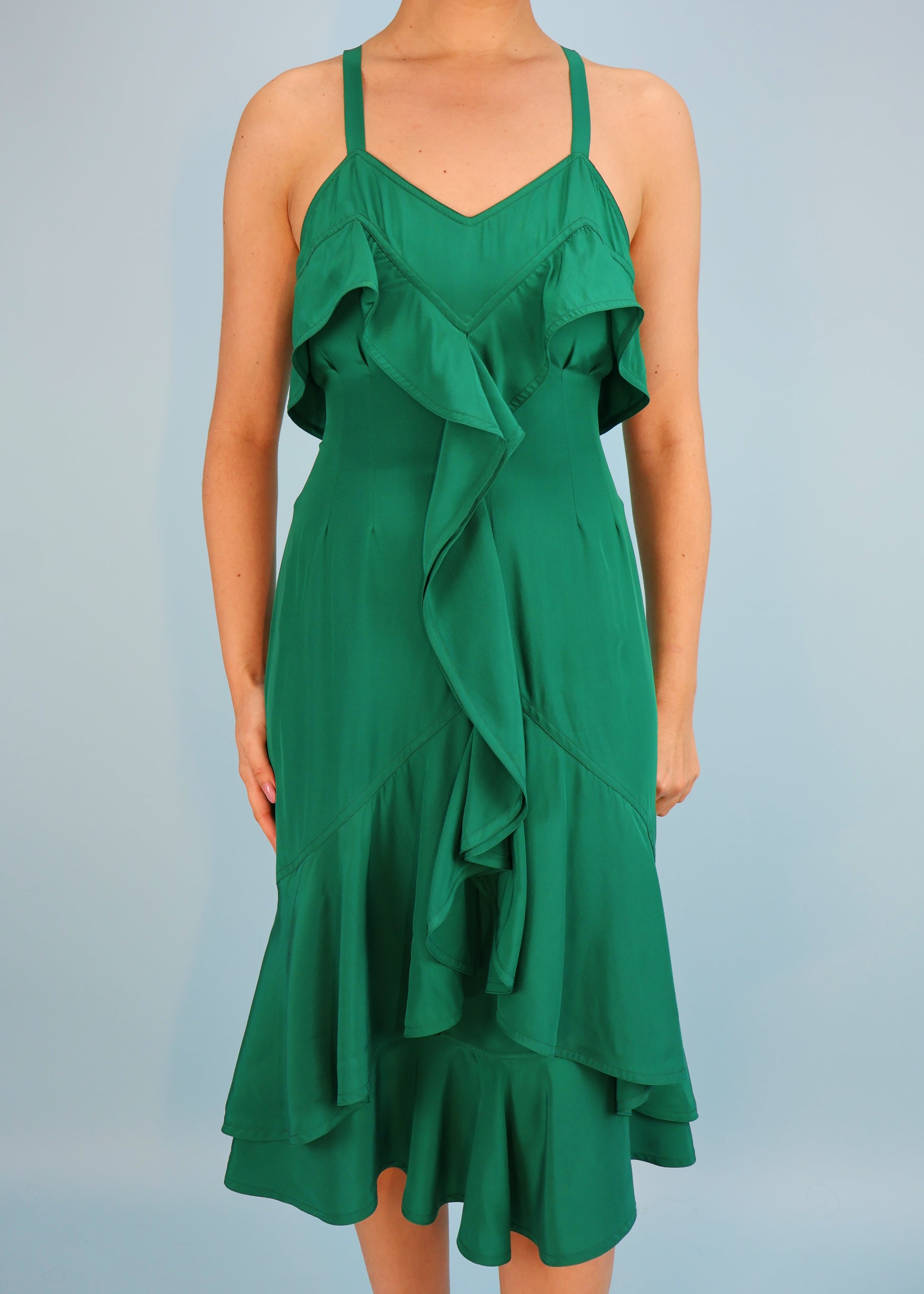 yves saint laurent green dress Yves Saint Laurent YSL by Tom Ford 2003 Green Silk Ruffle Dress