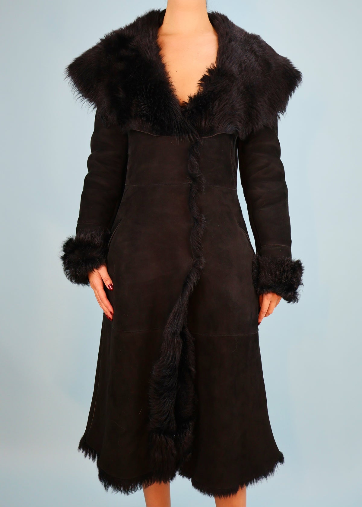 Alexander McQueen Black Suede & Shearling Oversized Collar Coat