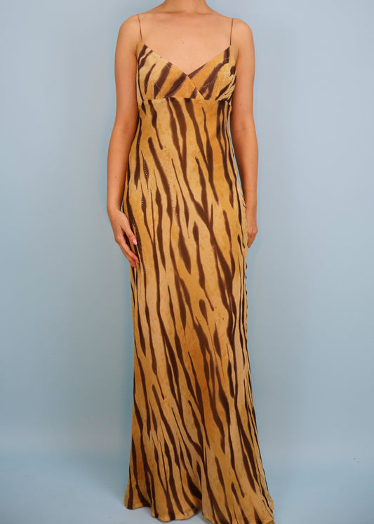 Dior Fall 1995 Silk Tiger Print Crystal Embellished Maxi Slip Dress