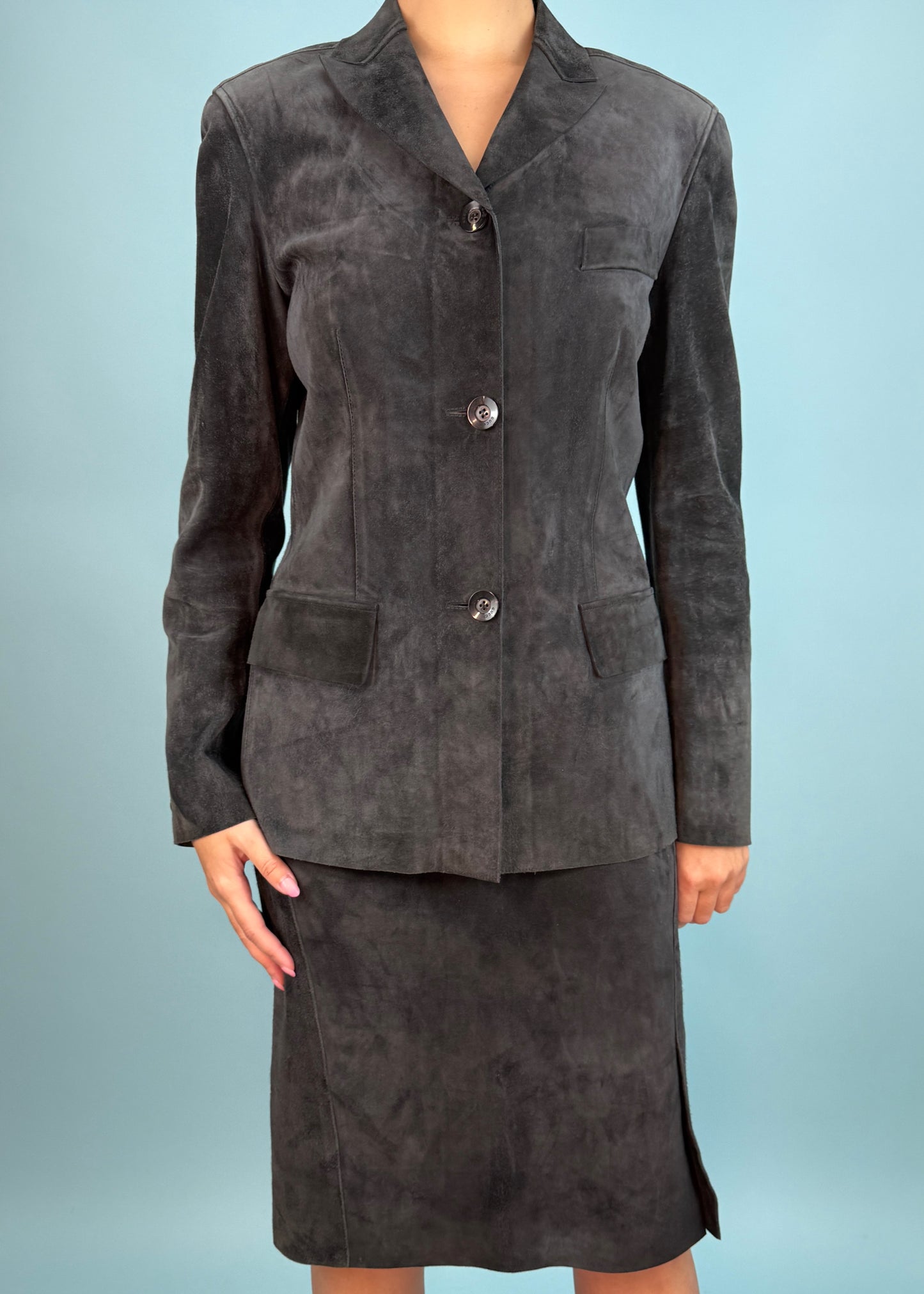 Gucci Spring 1998 Grey Suede Jacket & Skirt Suit Set