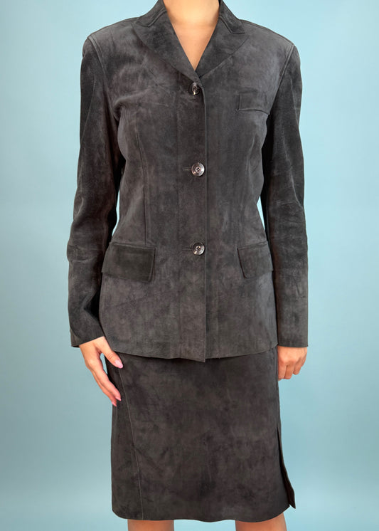 Gucci Spring 1998 Grey Suede Jacket & Skirt Suit Set