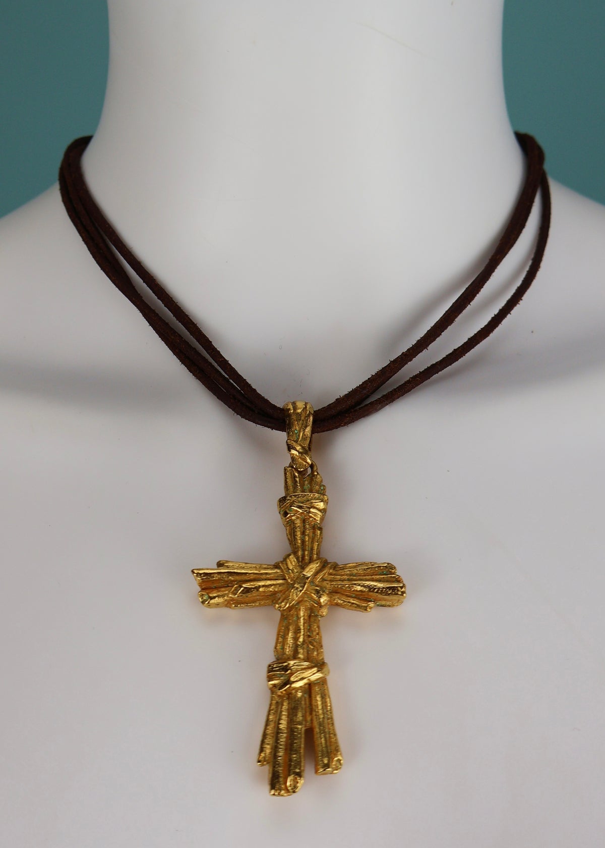 Christian Lacroix 1990s Gold Cross & Leather Cord Necklace