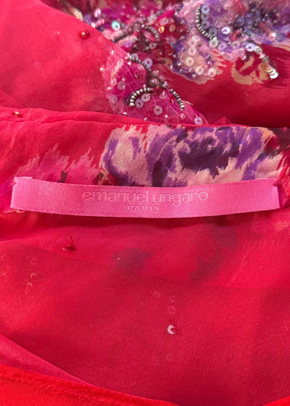 Emanuel Ungaro Pink Embellished Butterfly Silk Chiffon Ruffle Blouse