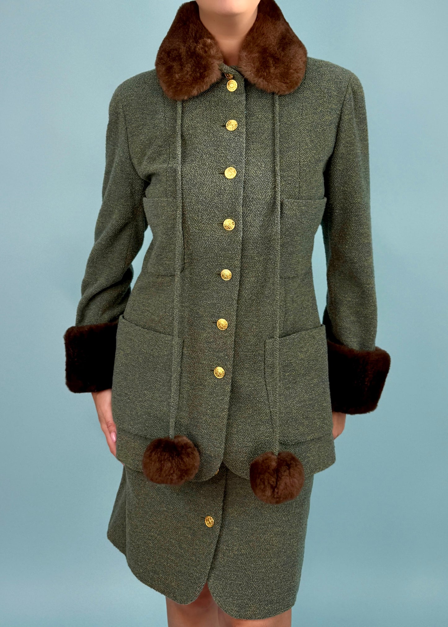 Chanel Fall 1989 Runway Green Boucle Fur Pom Trim Jacket & Skirt Suit Set