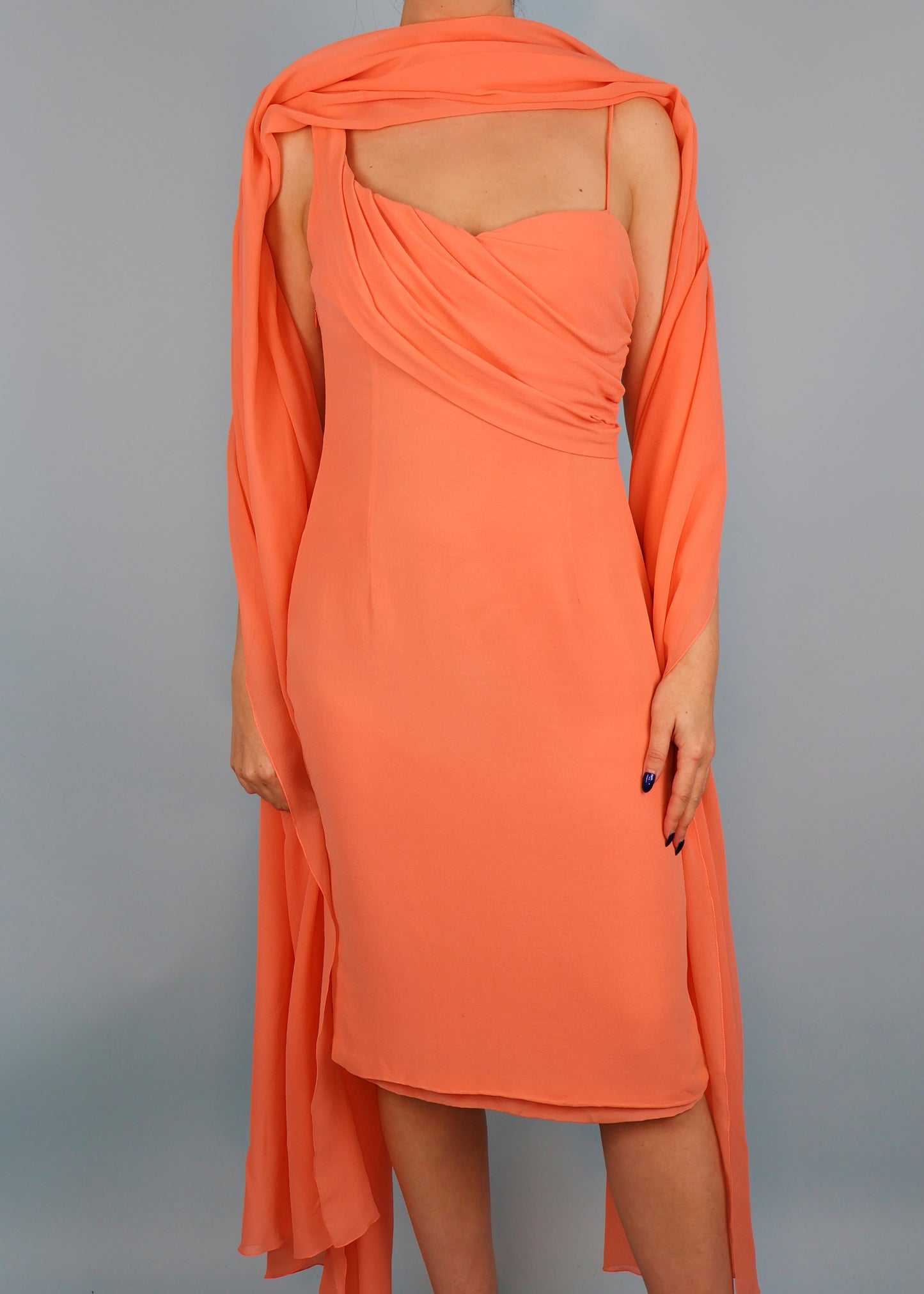 Givenchy Haute Couture Spring 1997 Peach Asymmetric Silk Dress & Shawl